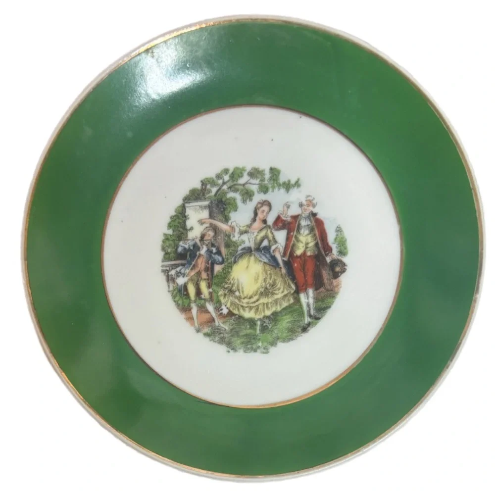 Vintage Courting Couple Plates Set 4 Pc Blume Japan Floral Green White Burgundy
